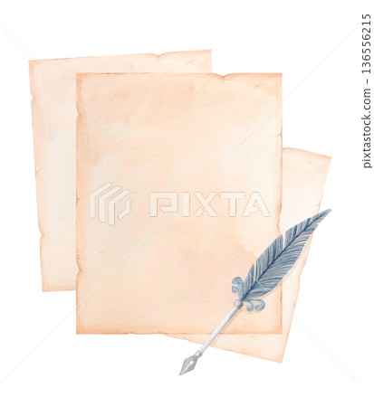 Watercolor antique paper sheets with feather quill template isolated on white. Vintage parchment background with blank copy space Watercolor antique paper sheets with feather quill template isolated on white. Vintage parchment background with blank copy space 136556215