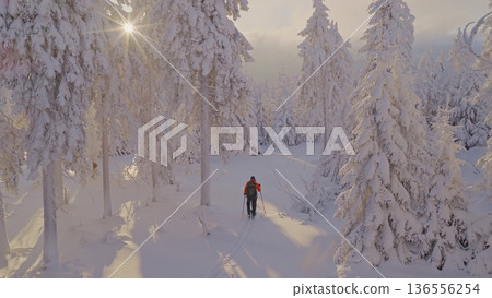 Beautiful Winter Mountain Scenery with Man on Cross-Country Skis , Aerial View Beautiful Winter Mountain Scenery with Man on Cross-Country Skis , Aerial View 136556254