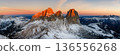 Panorama of the Dolomites mountains in Sellaronda during autumn sunrise. Beautiful mountains of Alpi Dolomiti in Italy, South Tirol 136556268