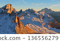 Panorama of Passo Giau in the Dolomites mountains during autumn sunrise. Beautiful mountains of Alpi Dolomiti in Italy, South Tirol 136556279