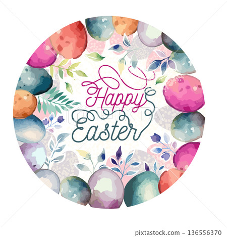 Happy Easter Round postcard. Easter card with egg. hand drawn. Not AI, Vector illustration. 136556370