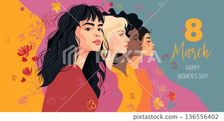 8 march International Women s day greeting card. Four women of different nationalities. 8 march International Women s day greeting card. Four women of different nationalities. 136556402
