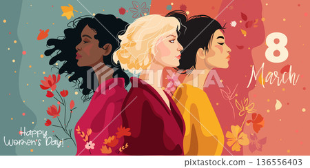 8 march International Women s day greeting card. Three women of different nationalities. 8 march International Women s day greeting card. Three women of different nationalities. 136556403