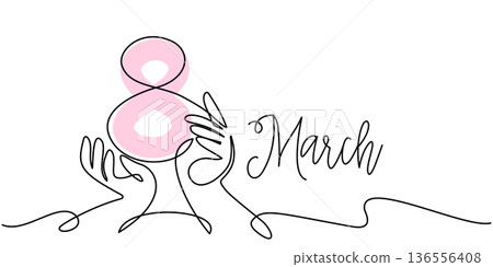 International Womens Day 8 March greeting card. Hands hold big eight. Continuous one line drawing art International Womens Day 8 March greeting card. Hands hold big eight. Continuous one line drawing art 136556408