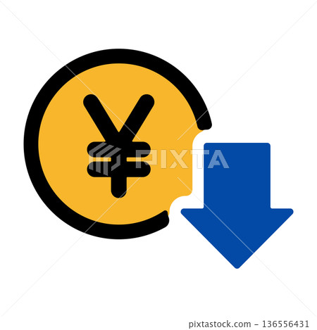 日圓符號和下落箭頭 - 表示價格降低/折扣的圖標 日圓符號和下落箭頭 - 表示價格降低/折扣的圖標 136556431