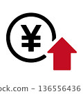 Yen symbol and rising arrow icon representing increasing income 136556436