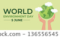 World Environment Day illustration featuring hands holding the planet. Flat vector design for projects in ecology, environmental protection, education, charity, and social awareness. 136556545