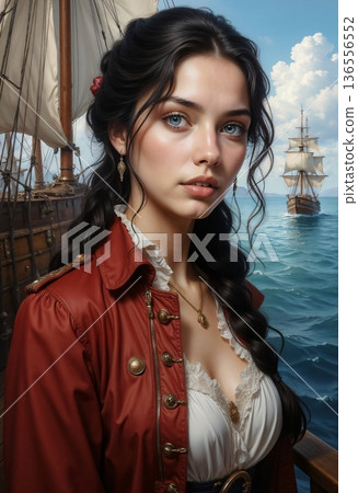 This image depicts a young woman in a historical or fantasy outfit reminiscent of a pirate or sailor 136556552