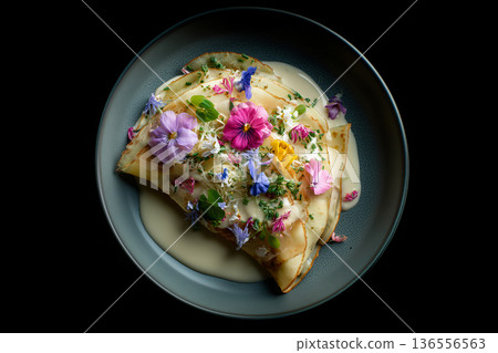 Gourmet Crepes with Edible Flowers and Creamy Sauce on Dark Plate 136556563