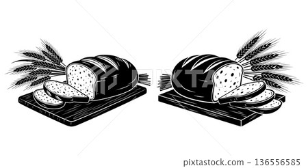 Fresh sliced loaf of bread with wheat ears on wooden board, retro design 136556585