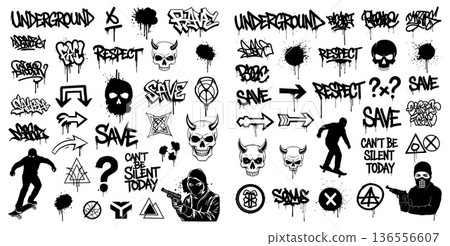 Graffiti style collection featuring skulls, slogans, skater silhouette, and balaclava gun holder 136556607