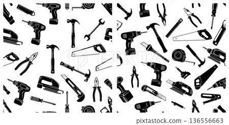 Hand tools pattern, construction instruments background, workshop elements for repair work and renovation projects 136556663