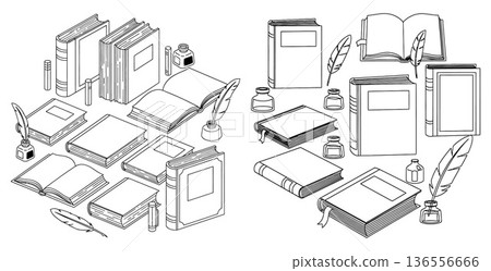 Handdrawn books and quill pen with ink in outline style, study materials collection 136556666