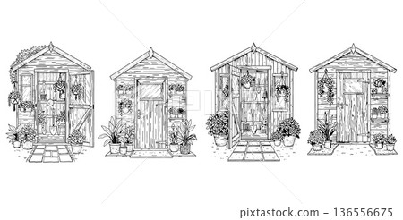 Handdrawn garden sheds illustration with open doors and potted flowers in outline style 136556675