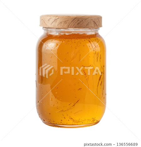 Honey Jar Filled With Amber Liquid Placed on a Plain Background for Storage and Display 136556689