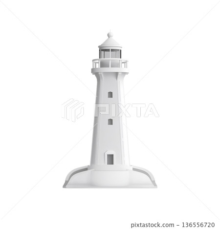 Lighthouse Stands Tall on a Coast Surrounded by Calm Waters on a Bright Sunny Day Lighthouse Stands Tall on a Coast Surrounded by Calm Waters on a Bright Sunny Day 136556720