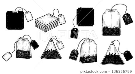 Collection of various black and white sketched tea bags with string and tags 136556799