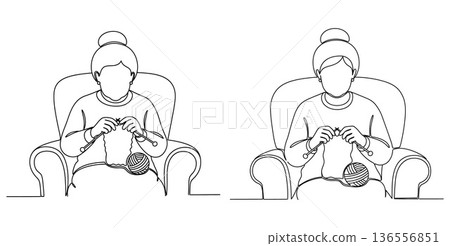 Continuous line drawing of elderly woman knitting while sitting comfortably in armchair 136556851
