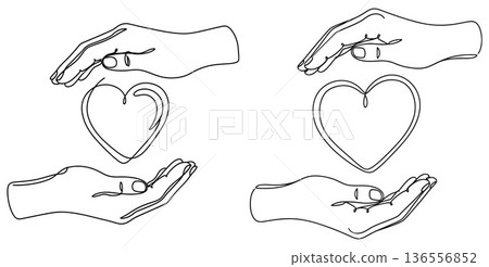 Continuous line drawing of hands cradling heart, charity support concept illustration 136556852