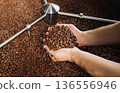 High angle of male hands with fresh coffee beans above the roasting machine 136556946