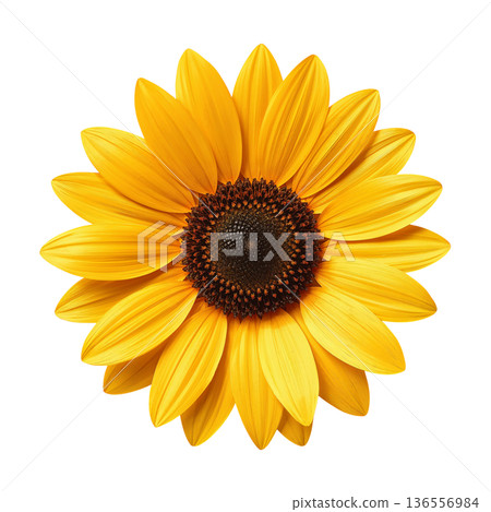 Bright Sunflower With Petals Arranged in a Circular Pattern Sitting Against a Plain Background 136556984