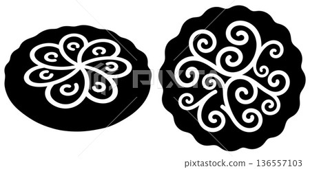 Decorative rosette graphics showing floral stylized elements and swirl patterns, isolated shapes 136557103
