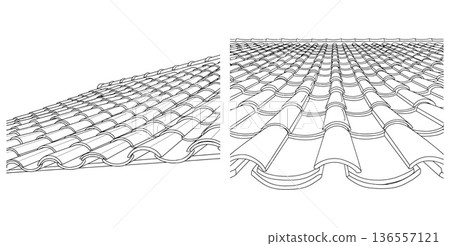 Detailed illustration showcasing roof tiles in perspective view, outlined for architectural designs 136557121
