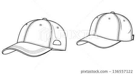 Detailed line art drawing of two baseball caps, front and side views 136557122