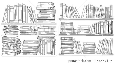 Detailed line art illustration of various books stacked and arranged on bookshelves Detailed line art illustration of various books stacked and arranged on bookshelves 136557126
