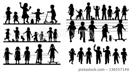 Diverse children silhouettes, activity collection including height chart background, illustration, childhood lifestyle 136557149