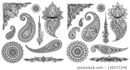 Diverse set of line art henna elements featuring traditional paisley shapes and intricate floral motifs for cultural designs 136557248