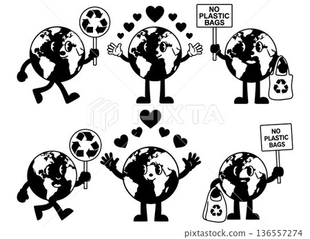 Earth cartoon characters promoting recycling and environmentalism with signs and tote bags, flat design 136557274