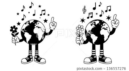 Earth globe cartoon character with flower and musical notes, black and white vector 136557276