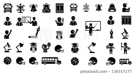 Education icon set with school bus, teacher, football and diverse student graphics for design 136557277