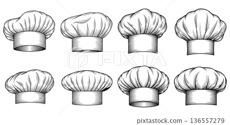 Eight different styles of classic chef hats depicted in black and white line art 136557279