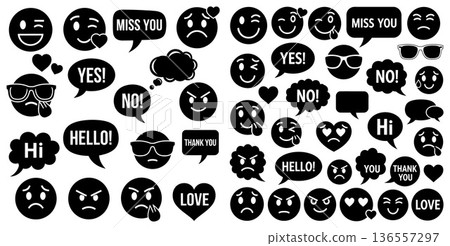 Emoji emoticon icon set and speech bubbles with greetings for social media, print projects 136557297