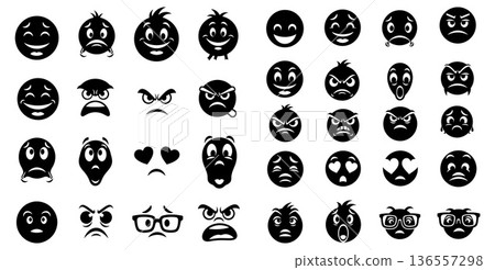 Emoji expression set icons, diverse cartoon faces showcasing various emotions, minimalist design Emoji expression set icons, diverse cartoon faces showcasing various emotions, minimalist design 136557298