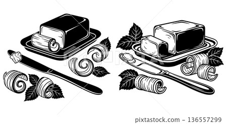 Engraved butter curls with dish and knife, ideal for menu illustrations, detailed design Engraved butter curls with dish and knife, ideal for menu illustrations, detailed design 136557299