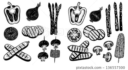 Engraved grilled vegetables illustration with sweet pepper, onion, zucchini, asparagus, corn, mushrooms Engraved grilled vegetables illustration with sweet pepper, onion, zucchini, asparagus, corn, mushrooms 136557300