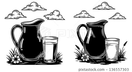 Engraved illustration of pitcher and glass with clouds, pastoral scene, farmhouse style 136557303