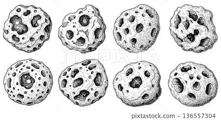 Engraved style illustration of asteroids or space rocks with crater surface details, collection 136557304