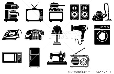 Essential kitchen and living area appliances presented as minimalist silhouette icons for home design Essential kitchen and living area appliances presented as minimalist silhouette icons for home design 136557305