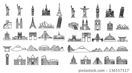 Famous world landmarks collection, line art, architectural monuments silhouette, travel icon set 136557317