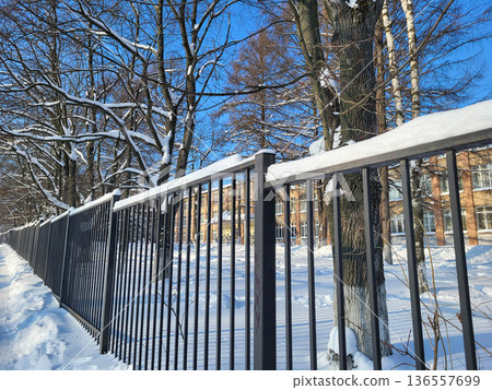 Near the park, a snow-covered metal fence on a clear sunny day in winter Near the park, a snow-covered metal fence on a clear sunny day in winter 136557699