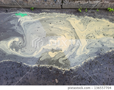 A beautiful spring puddle with yellow pollen from flowering trees. A beautiful spring puddle with yellow pollen from flowering trees. 136557704