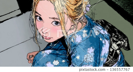 身穿浴衣的女孩肖像 136557767