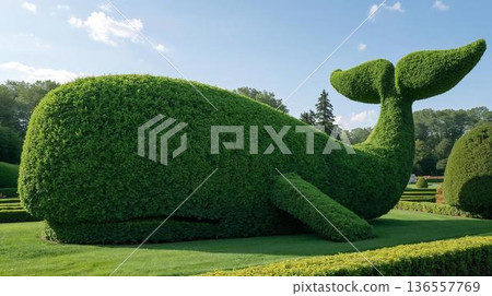 美麗的園林景觀，其中最引人注目的是一個巨大的鯨魚形狀的修剪植物。 136557769