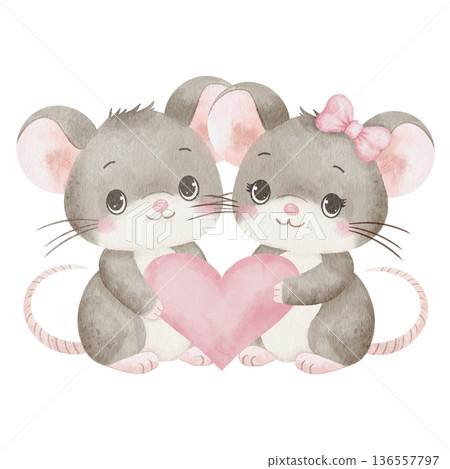 Two adorable mice holding large pink heart. Watercolor illustration, isolated on white background. Mice has a pink bow. For romantic Valentine's cards, packaging, and sweet children's projects 136557797