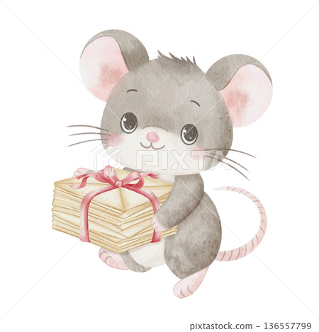 Watercolor illustration of cute mouse holding stack of letters tied with pink ribbon. Isolated on white background. For children's greeting cards, romantic stationery, heartfelt packaging design. Watercolor illustration of cute mouse holding stack of letters tied with pink ribbon. Isolated on white background. For children's greeting cards, romantic stationery, heartfelt packaging design. 136557799