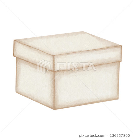 Watercolor illustration of rectangular box with lid, isolated on white background. In beige and cream tones, minimalist style. Suitable for packaging design, postcards, labels, decorative elements 136557800